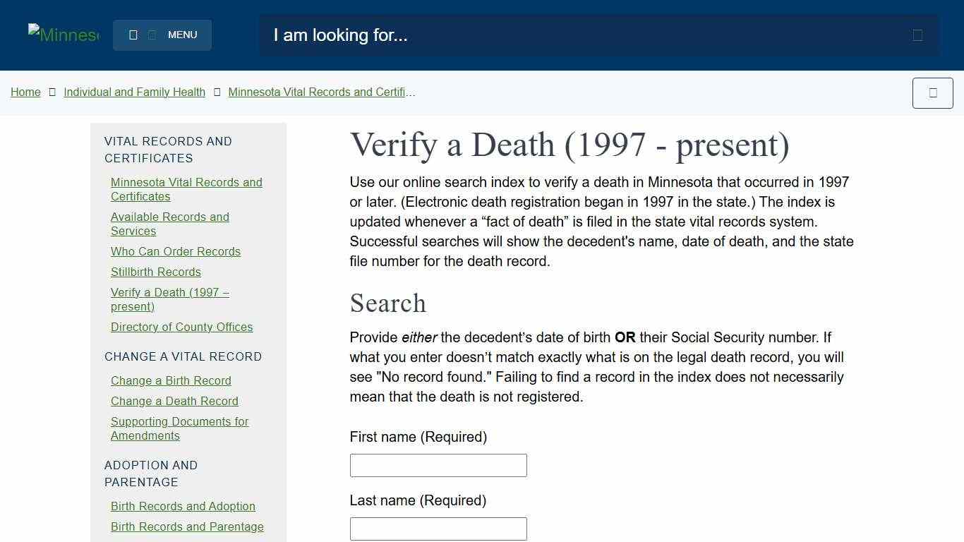 Verify a Death (1997 - present) - MN Dept. of Health