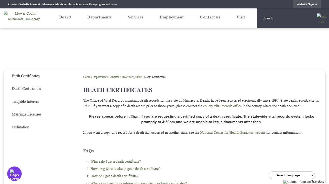 Death Certificates | Mower County, MN