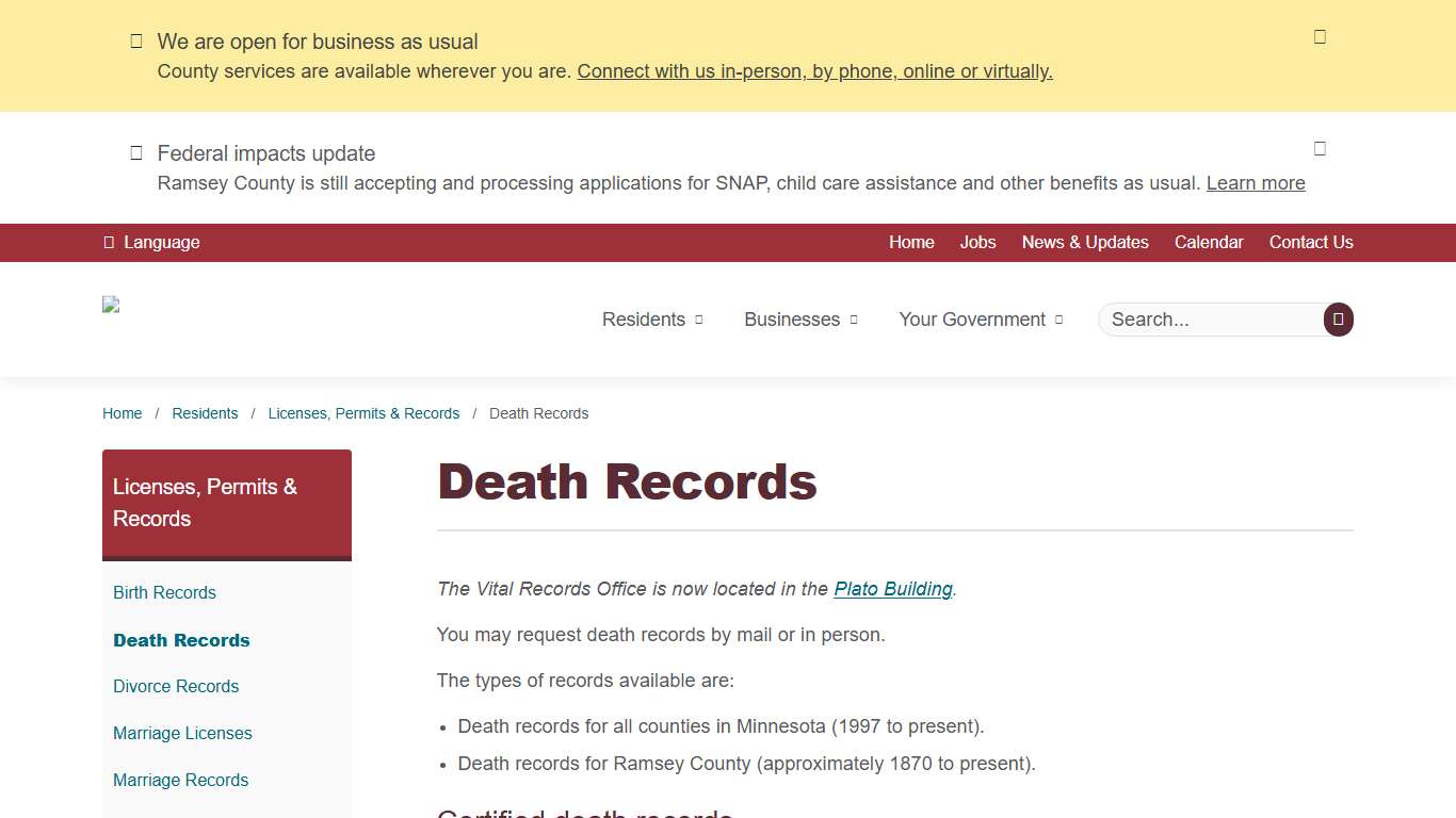 Death Records | Ramsey County, Minnesota