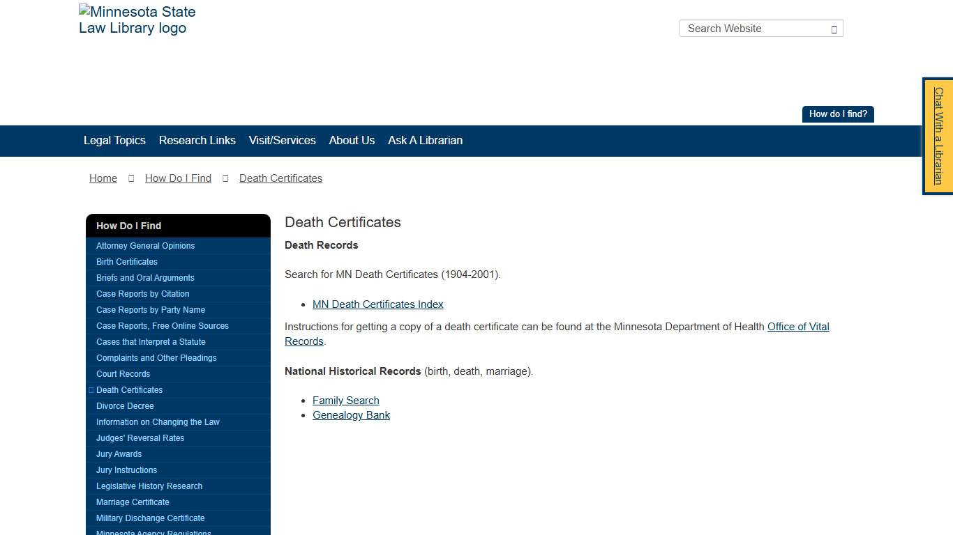Death Certificates / Minnesota State Law Library